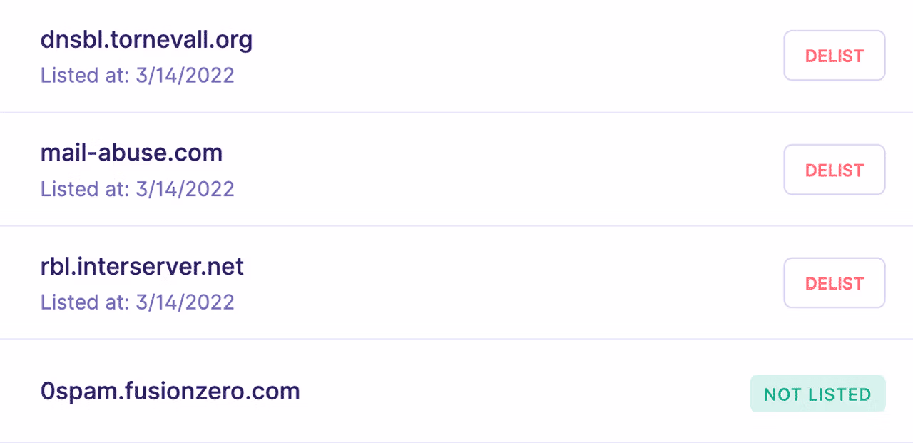 Screenshot of blacklists with buttons to delist from each