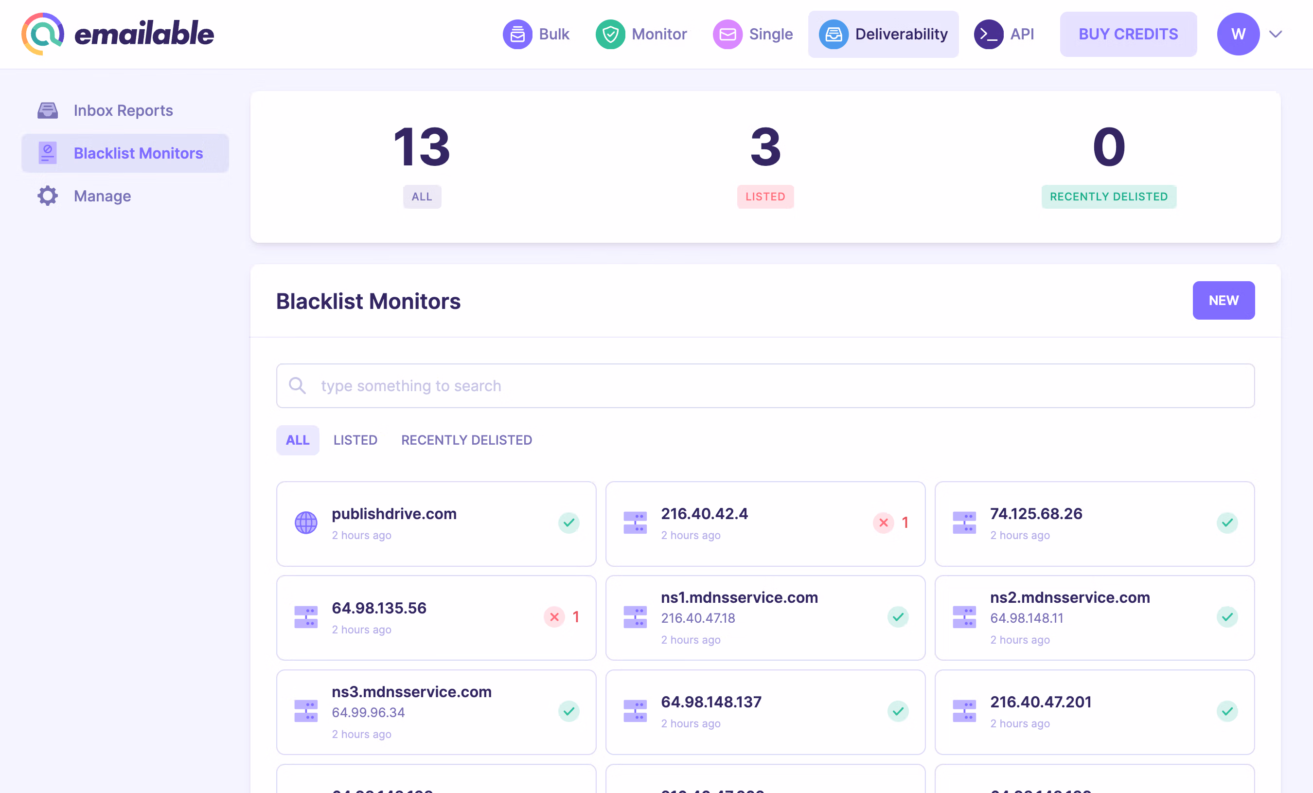 Schermata della pagina del dashboard del Monitoraggio della blacklist di deliverability