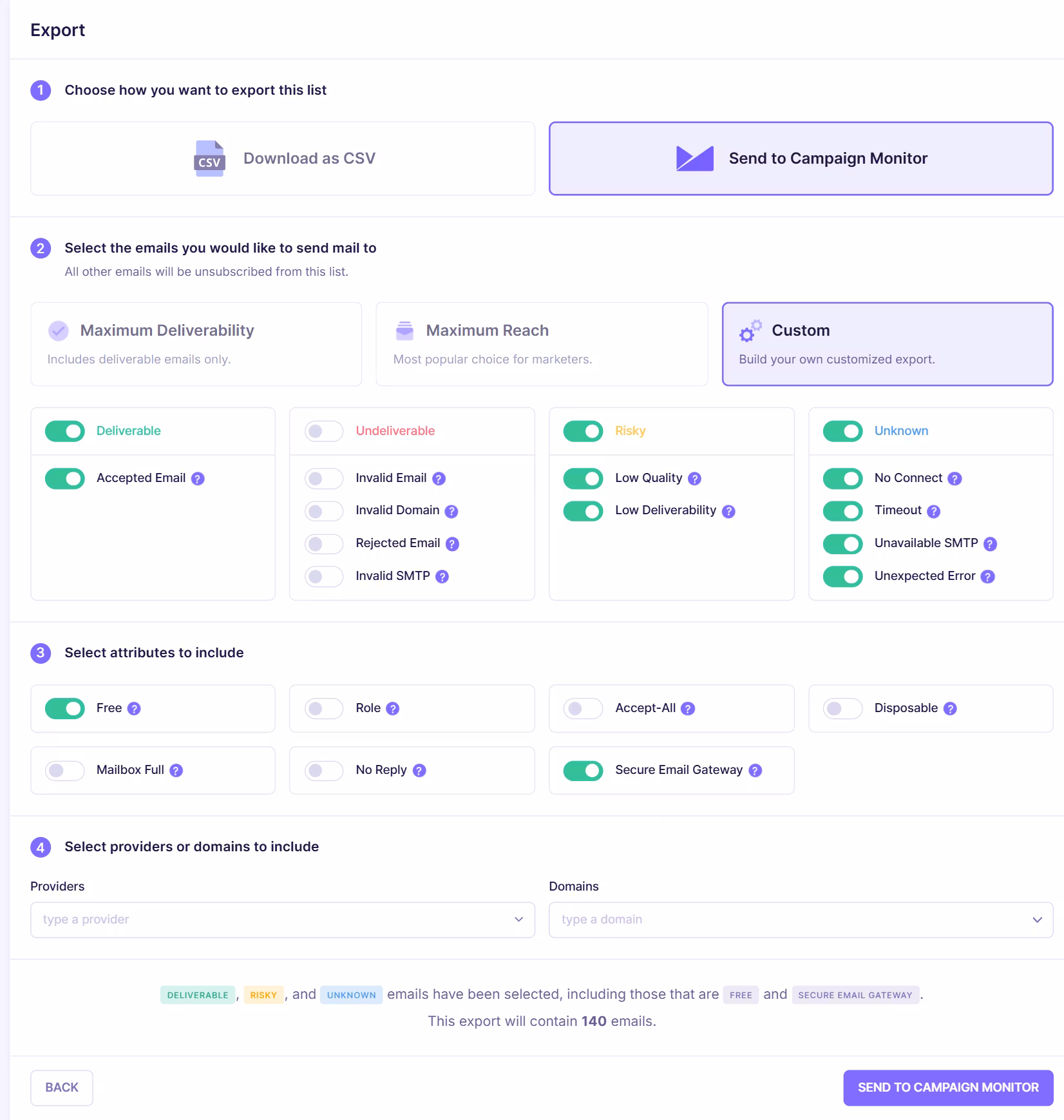 Email export configuration screen showing option to send verified emails to Campaign Monitor or download as CSV, with filters for deliverable, risky, and unknown email categories.