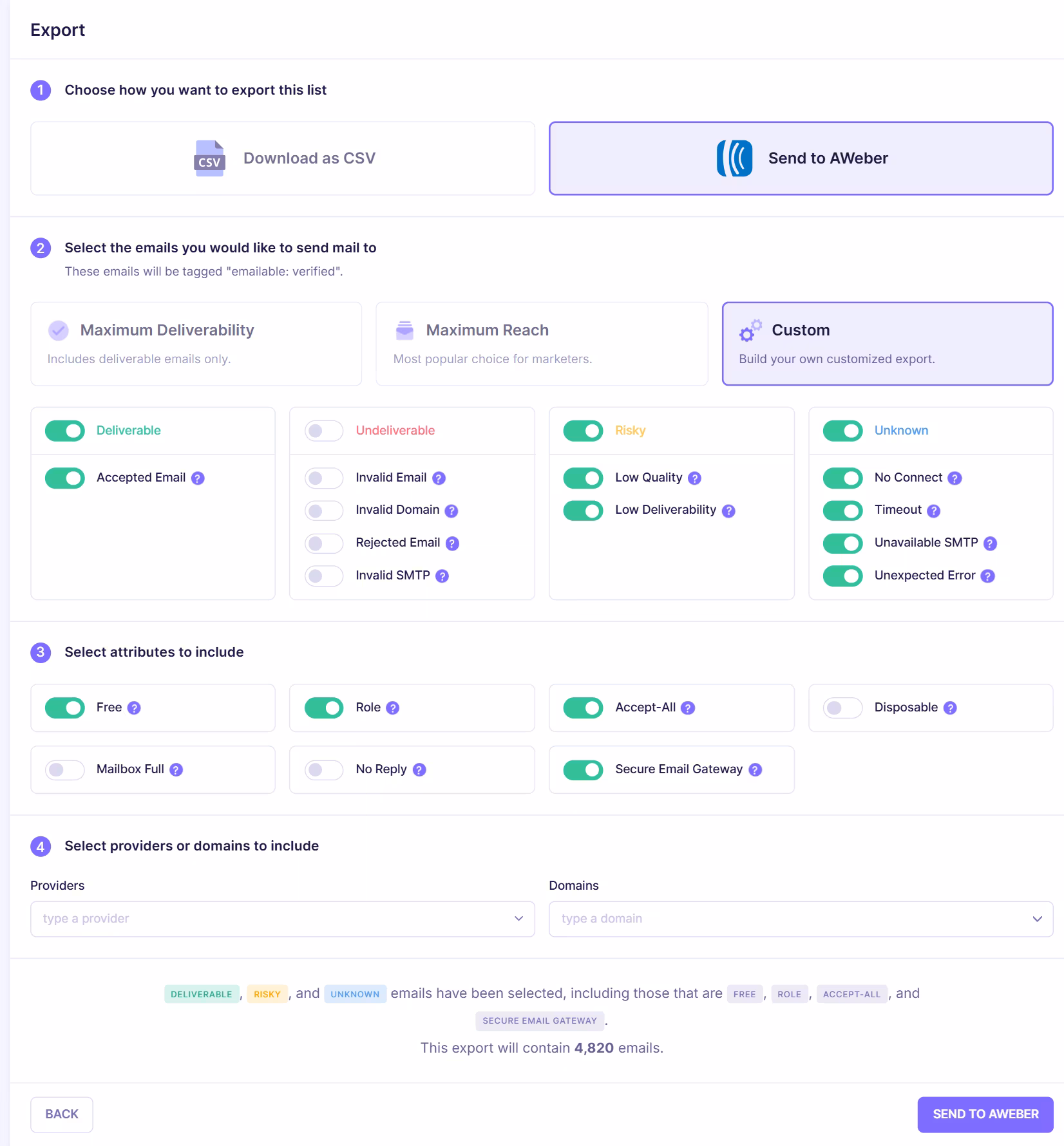Email export configuration screen showing options to download verified emails as CSV or send validated contacts back to AWeber with filtering and attribute selection.
