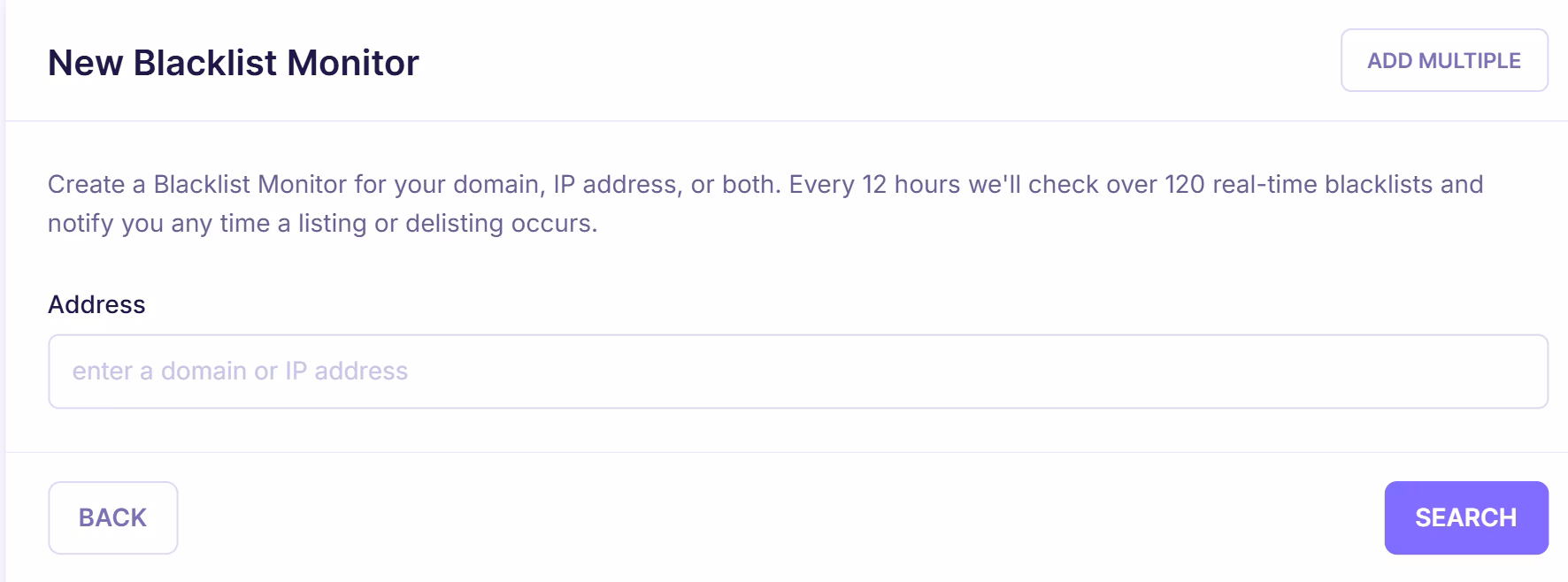 Emailable interface to create a new blacklist monitor by entering a domain or IP address, with option to add multiple entries and search across real-time blacklists.