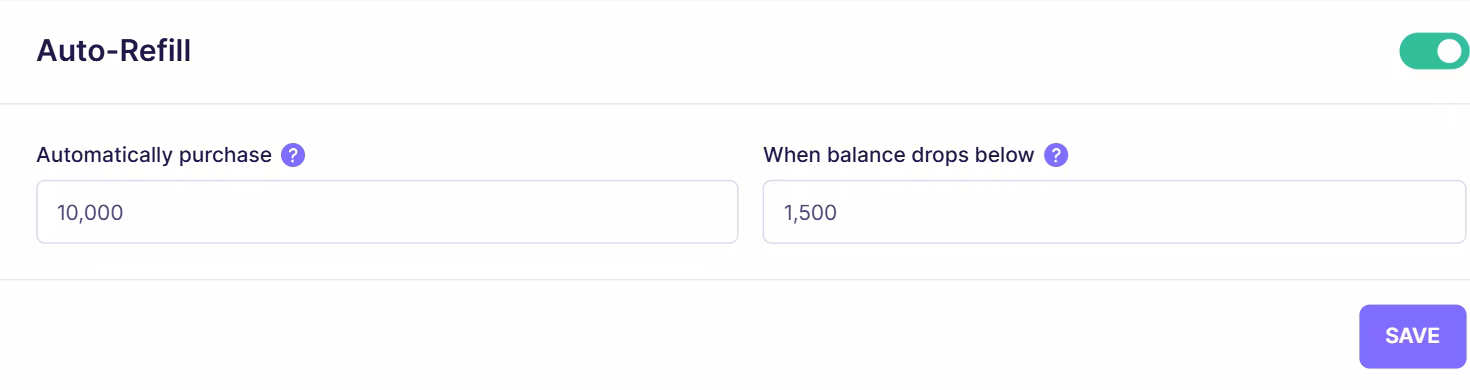 Emailable auto-refill settings page showing enabled toggle with options to automatically purchase credits and trigger refill when balance drops below a set threshold.
