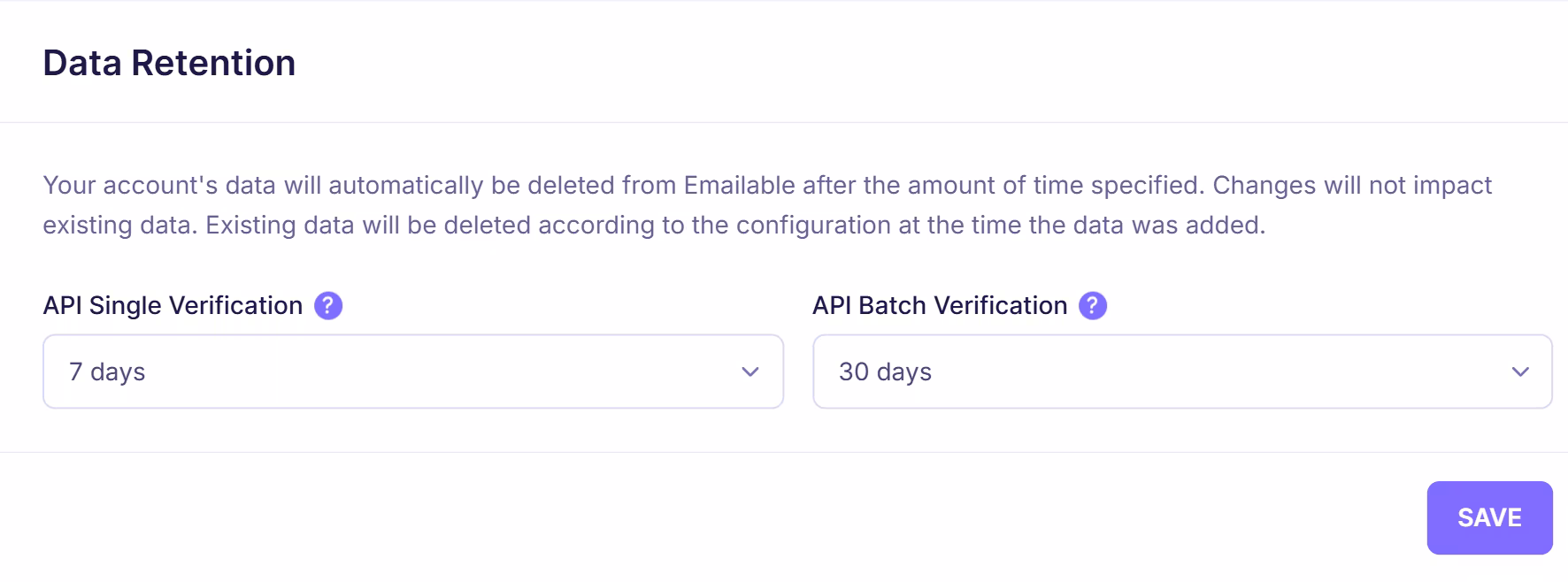 Emailable data retention settings page showing configuration for API single verification and batch verification data deletion timeframes with dropdown selections.