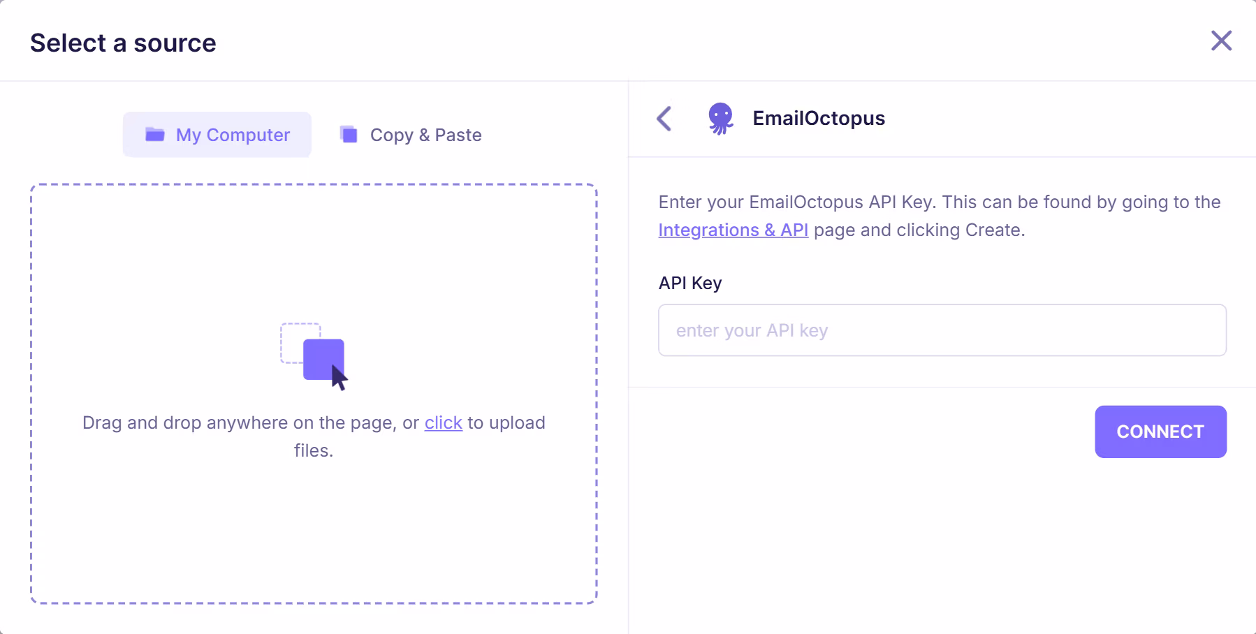 EmailOctopus integration setup screen prompting user to enter API key from Integrations and API settings to connect account.