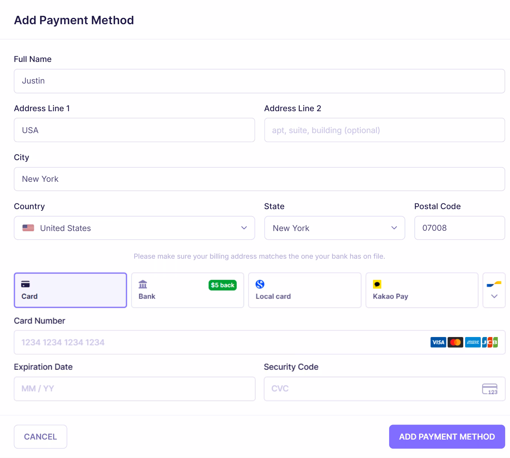 Emailable add payment method form with fields for full name, billing address, country, state, and postal code, along with payment type options like card and bank.