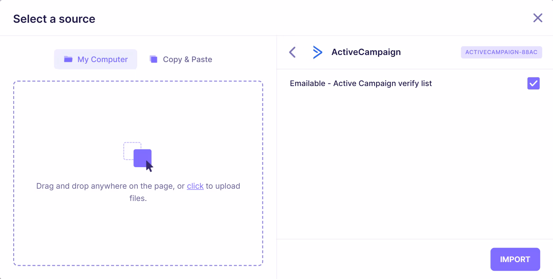 Email verification interface displaying ActiveCampaign list selection with a connected account and available contact list ready for import.