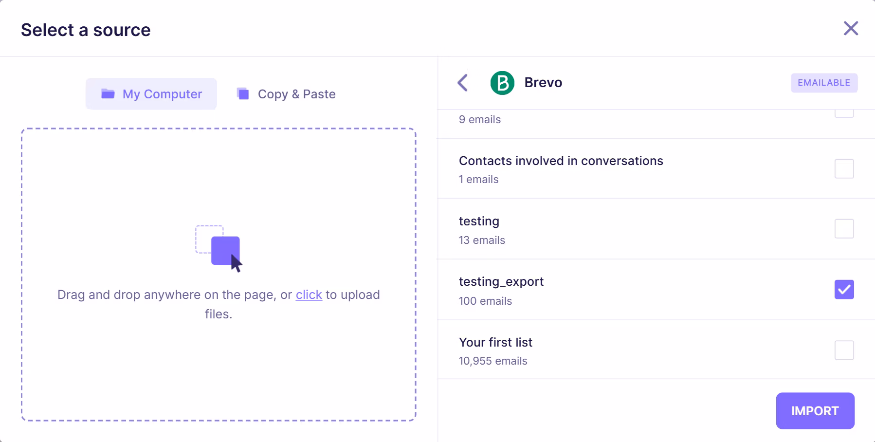 Email verification interface showing Brevo contact lists with list names and email counts, allowing users to select lists for verification.