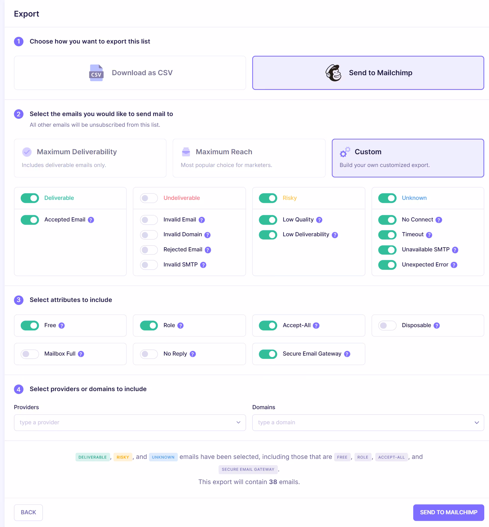 Email export configuration screen showing option to send verified emails to Mailchimp or download as CSV with filters for deliverable, risky, and unknown email categories.