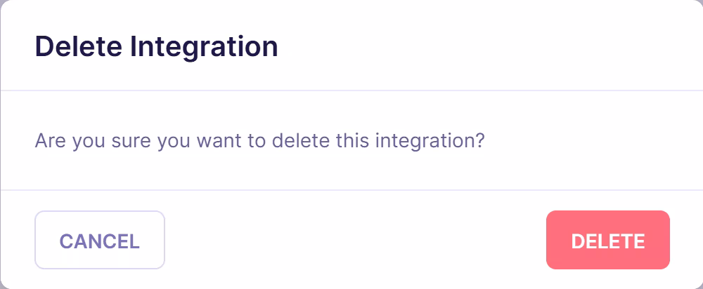 Confirmation modal to delete a third-party integration.