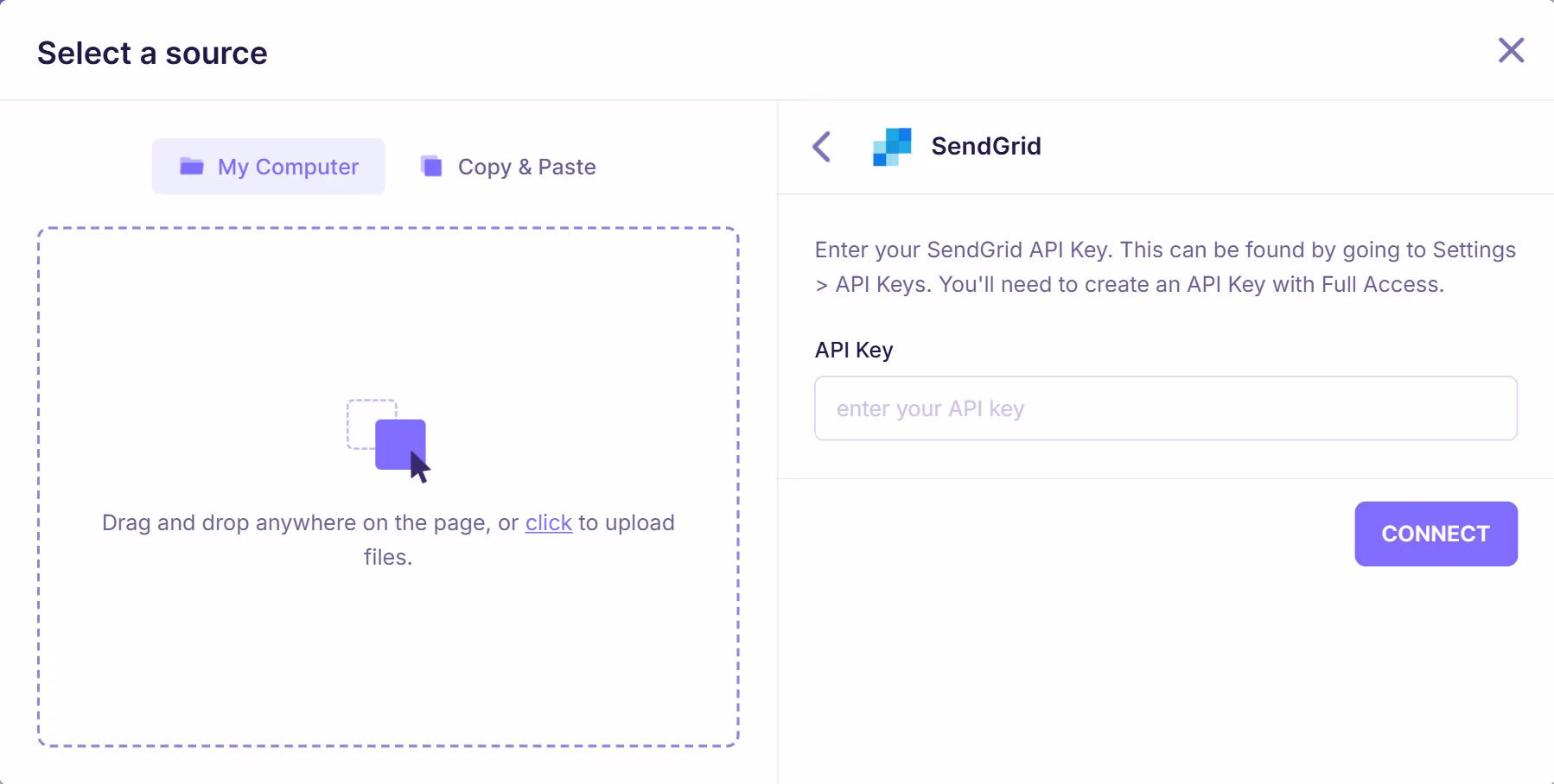 SendGrid integration setup screen prompting user to enter API key from Settings to connect SendGrid with email verification platform.