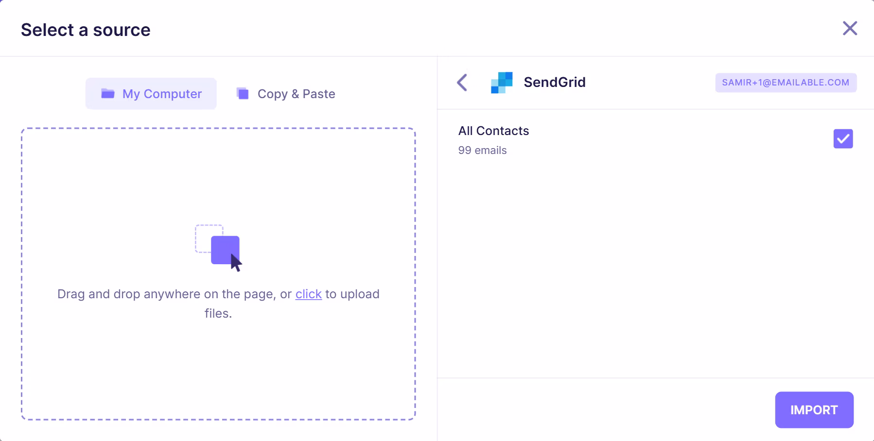 Verification screen showing selected SendGrid contact list with 100 emails ready and a “Verify” button to start email validation.