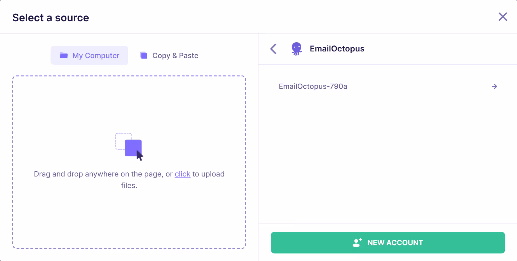 EmailOctopus account successfully connected in email verification tool with account name displayed and option to add a new account.