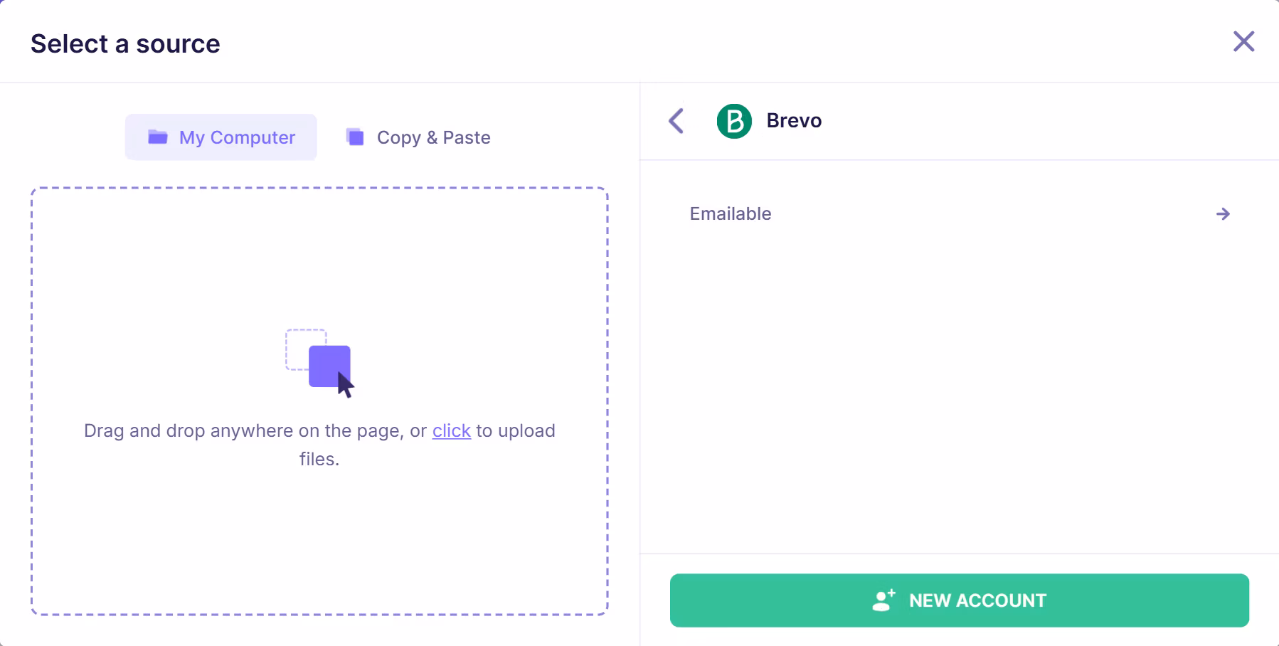 Emailable integration dashboard displaying a connected Brevo account with option to access or add a new account for email verification.