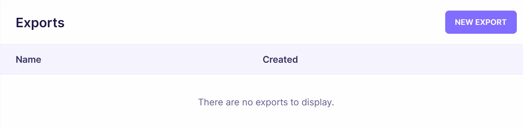 Exports section in email verification platform displaying empty state message indicating no exports available and option to create a new export.