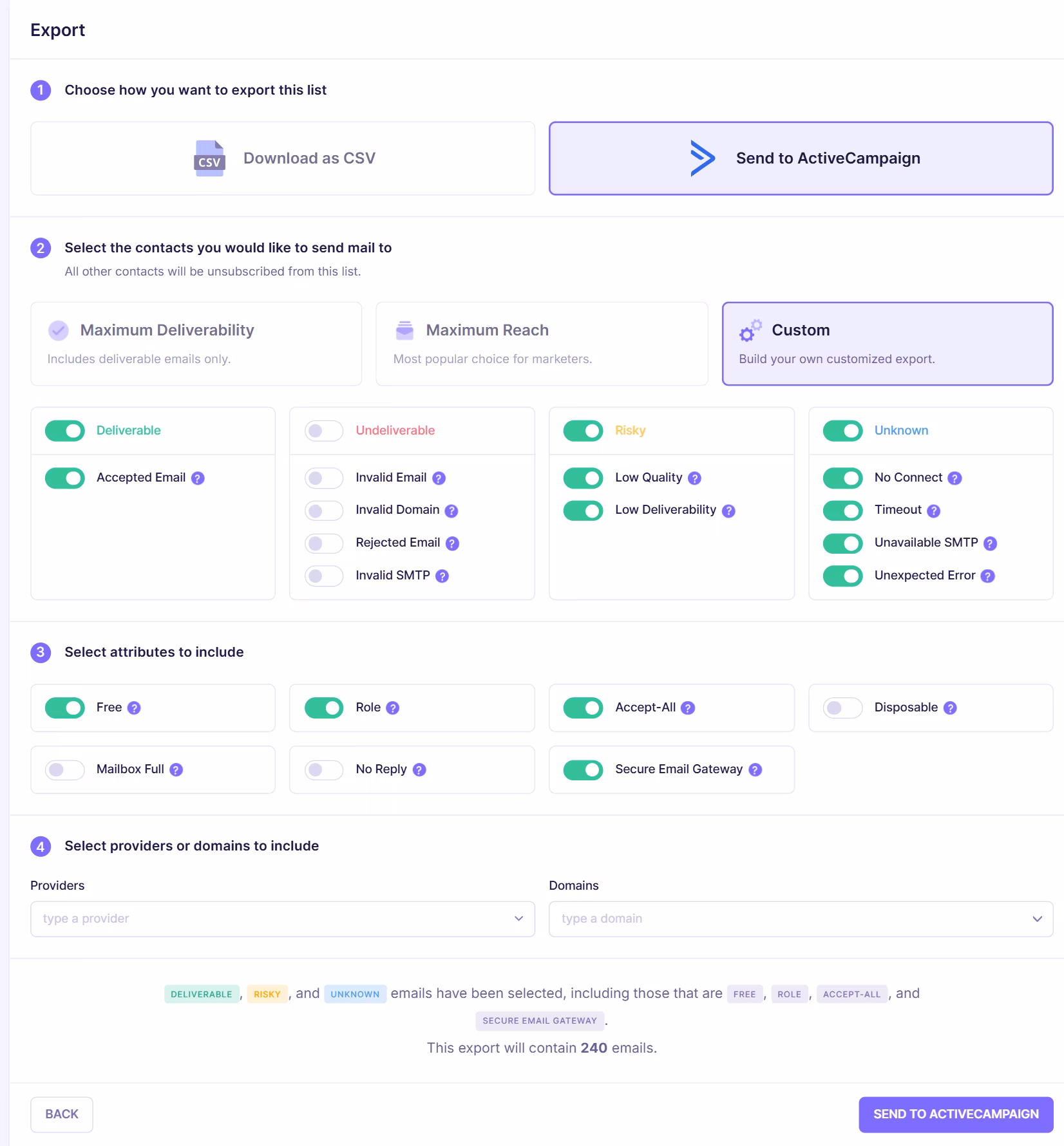 Email export configuration screen showing options to download as CSV or send to ActiveCampaign with filters for deliverability, risky, and unknown emails and attribute selection.