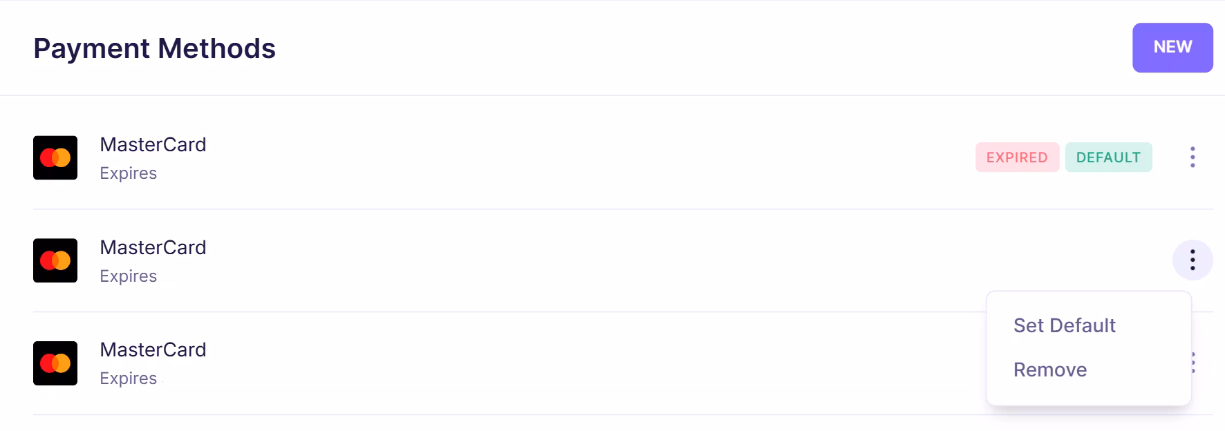 Emailable payment methods list displaying saved credit cards with status indicators such as default and expired, and options to manage or remove cards.