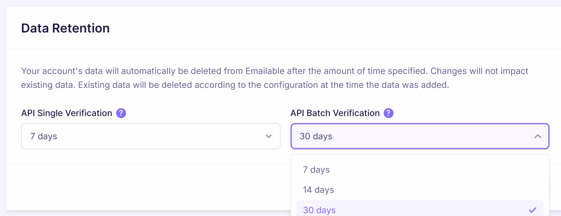 Emailable data retention dropdown for API batch verification showing options including 7 days, 14 days, and 30 days with 30 days selected.