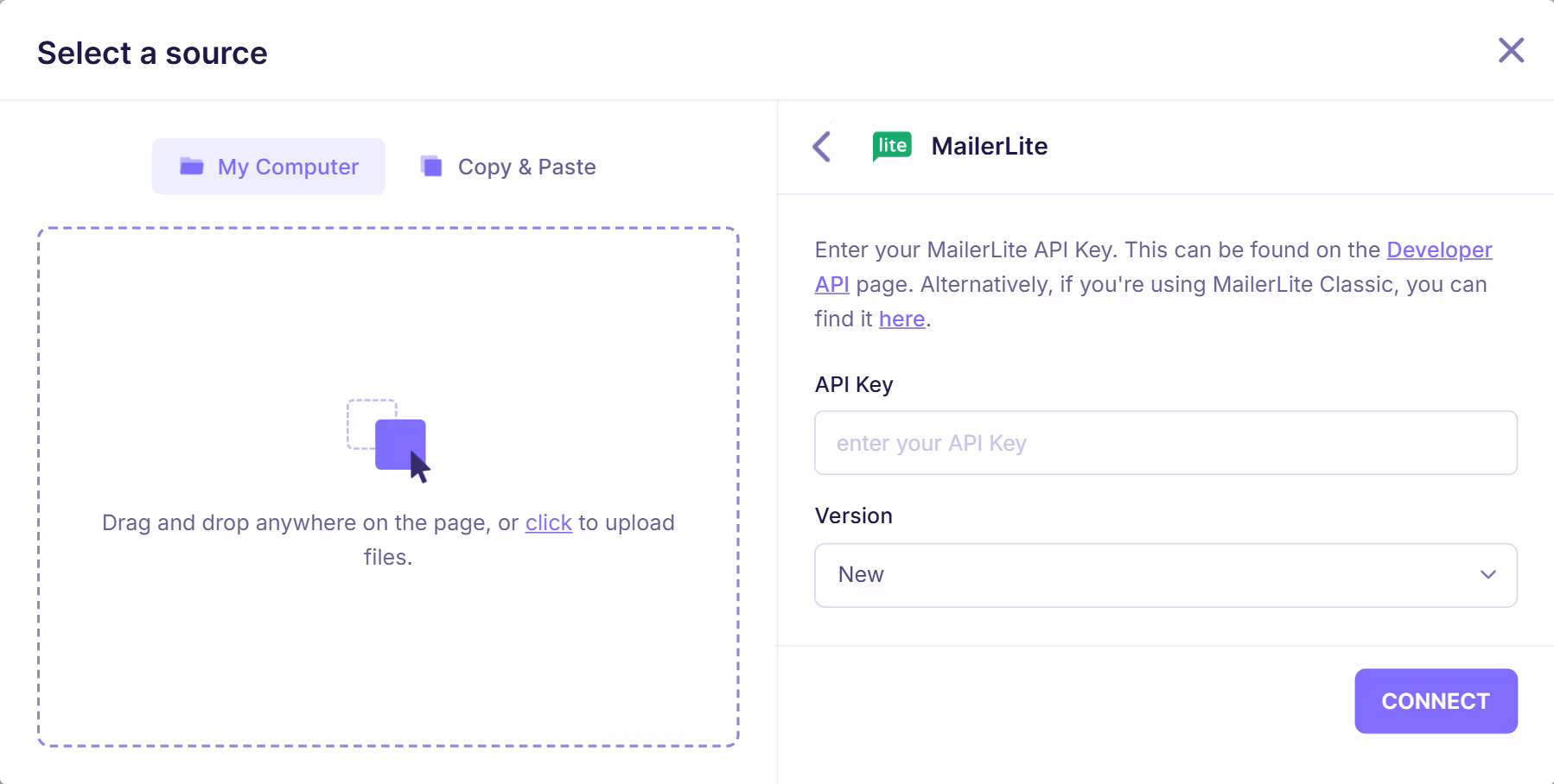 Mailerlite integration setup screen prompting user to enter API key and select version to connect their account for email verification.