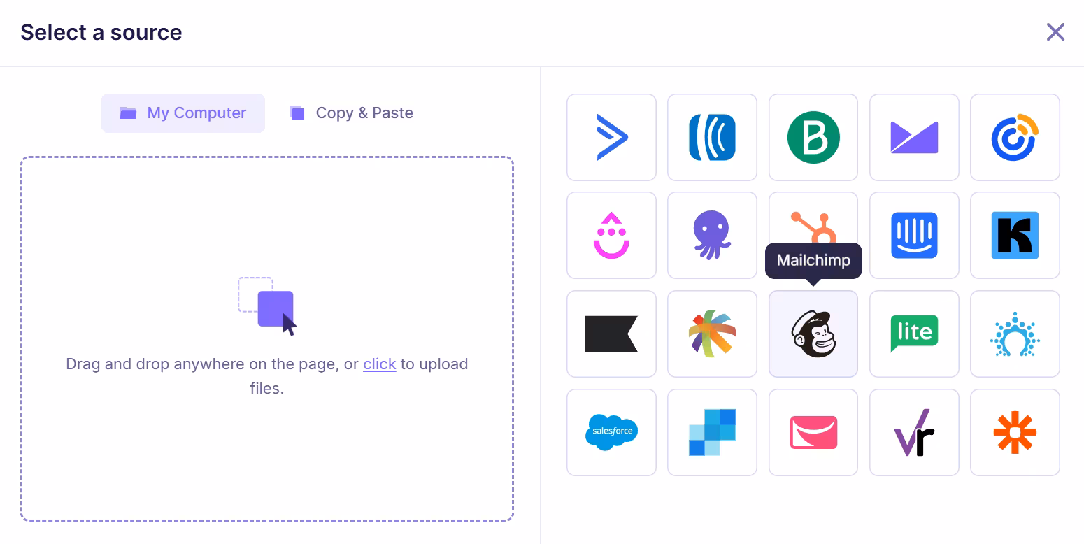 Email verification platform “Select a source” screen displaying multiple integrations with Mailchimp highlighted as a selectable import source.