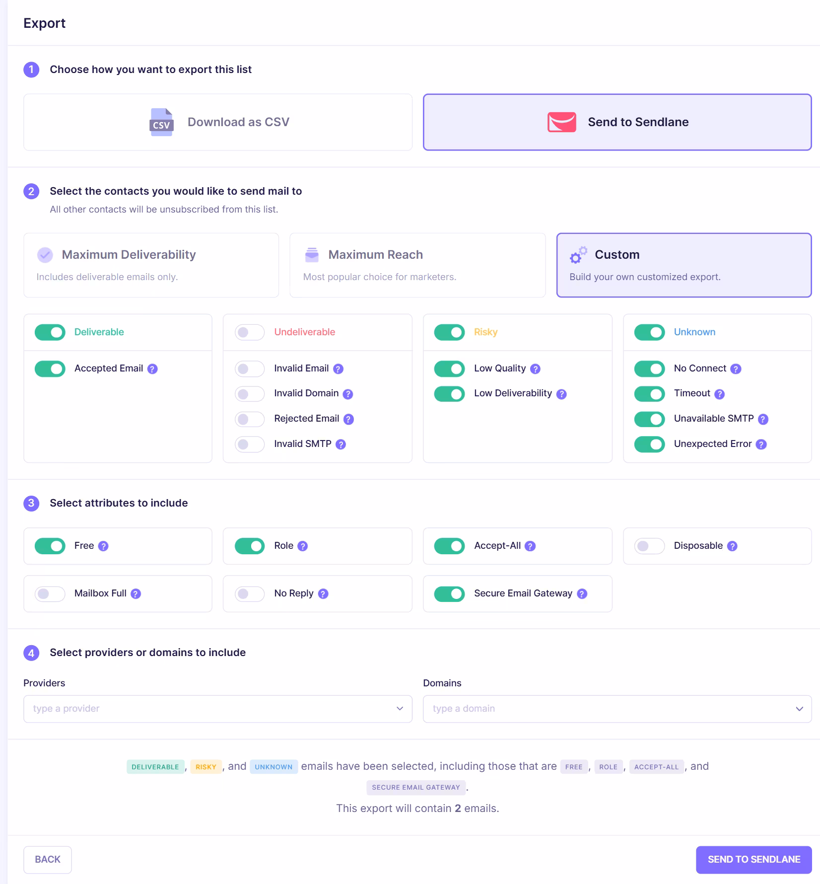 Export configuration screen allowing users to send verified email contacts back to Sendlane with filtering options and export summary.