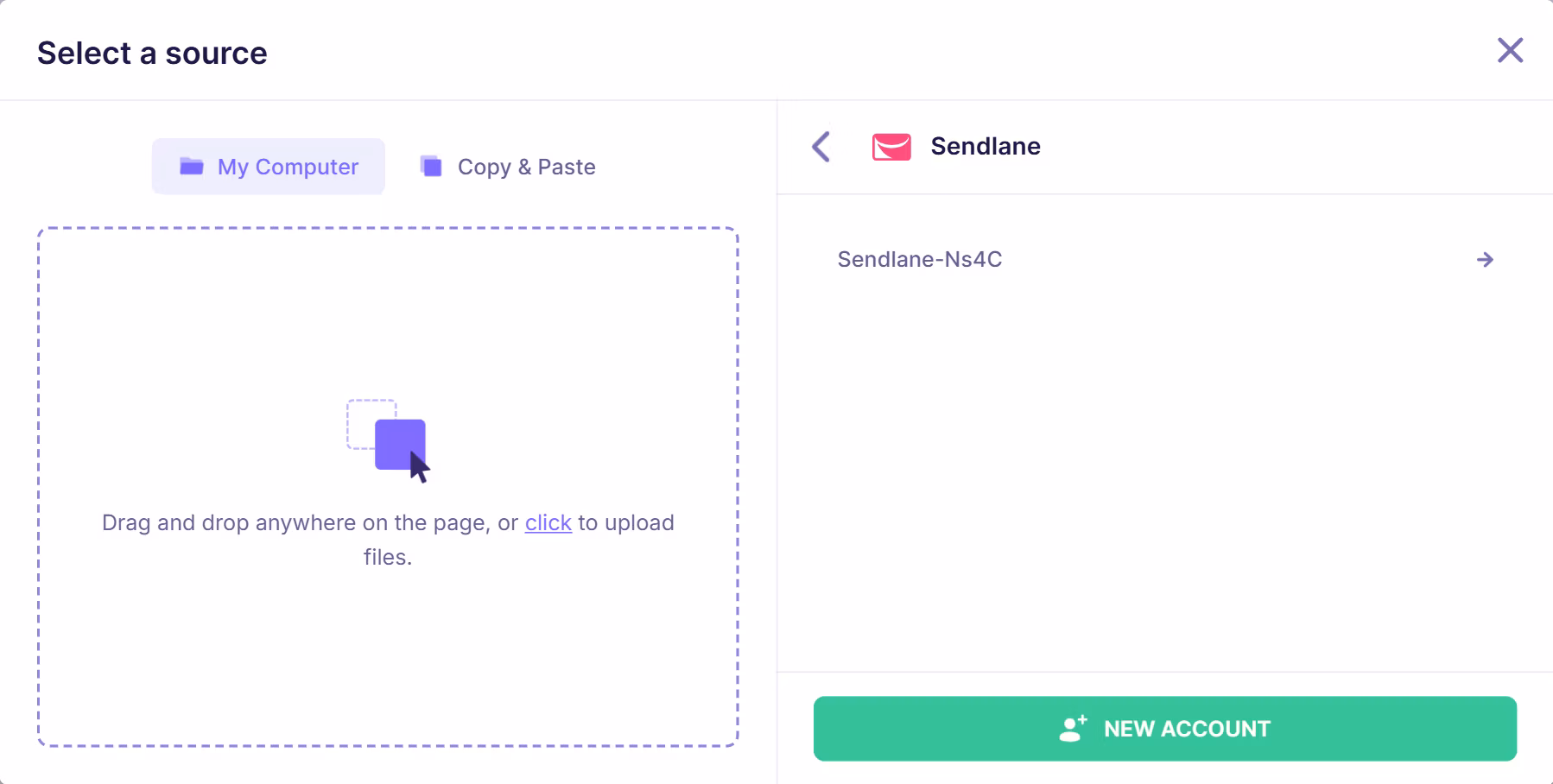 Sendlane integration screen showing connected account “Sendlane-Ns4C” with option to proceed or add a new account.