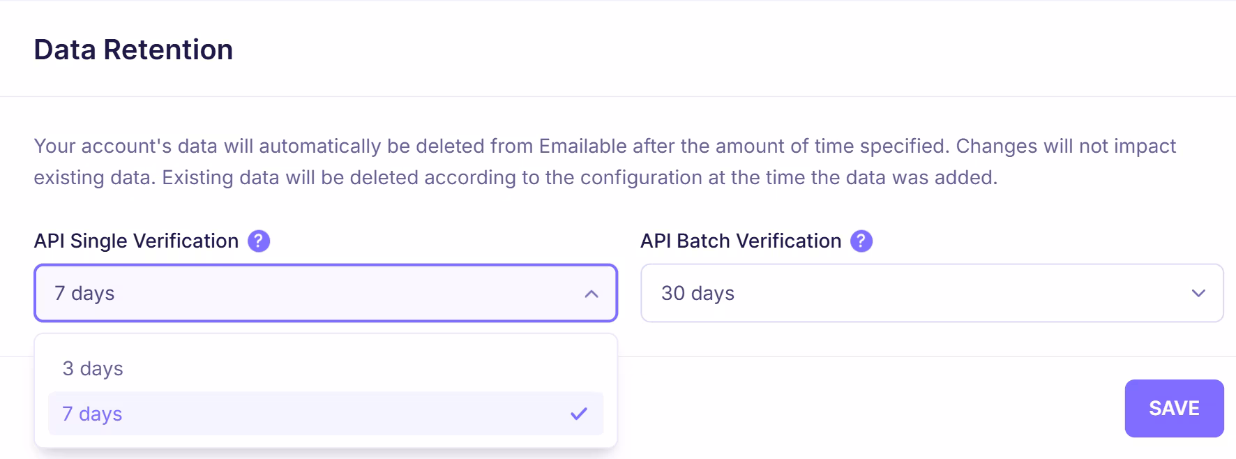 Emailable data retention dropdown for API single verification showing options such as 3 days and 7 days with 7 days selected.