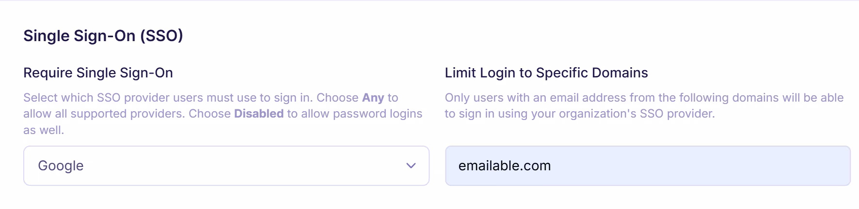 Emailable SSO configuration section displaying domain restriction input field with specified domain to limit login access to authorized users.