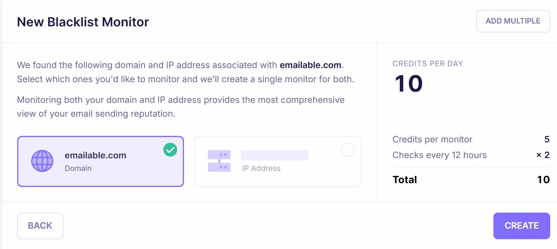 Emailable blacklist monitor setup screen displaying detected domain and IP address with selection options and credit usage breakdown including daily credits and monitoring frequency.