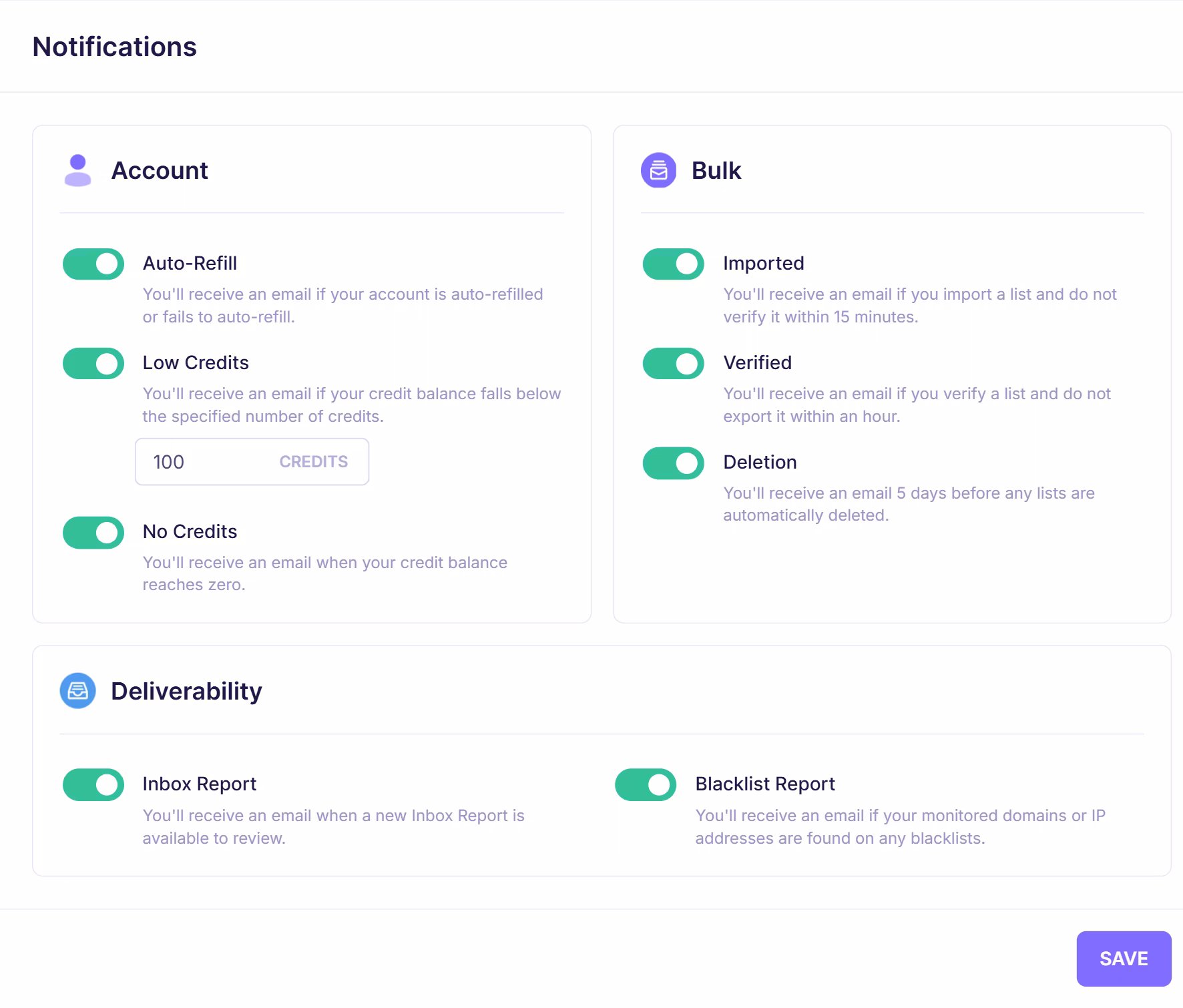 Emailable notifications settings page with toggles for account alerts, auto-refill, low credits, bulk actions, verification updates, deletion alerts, inbox reports, and blacklist monitoring.