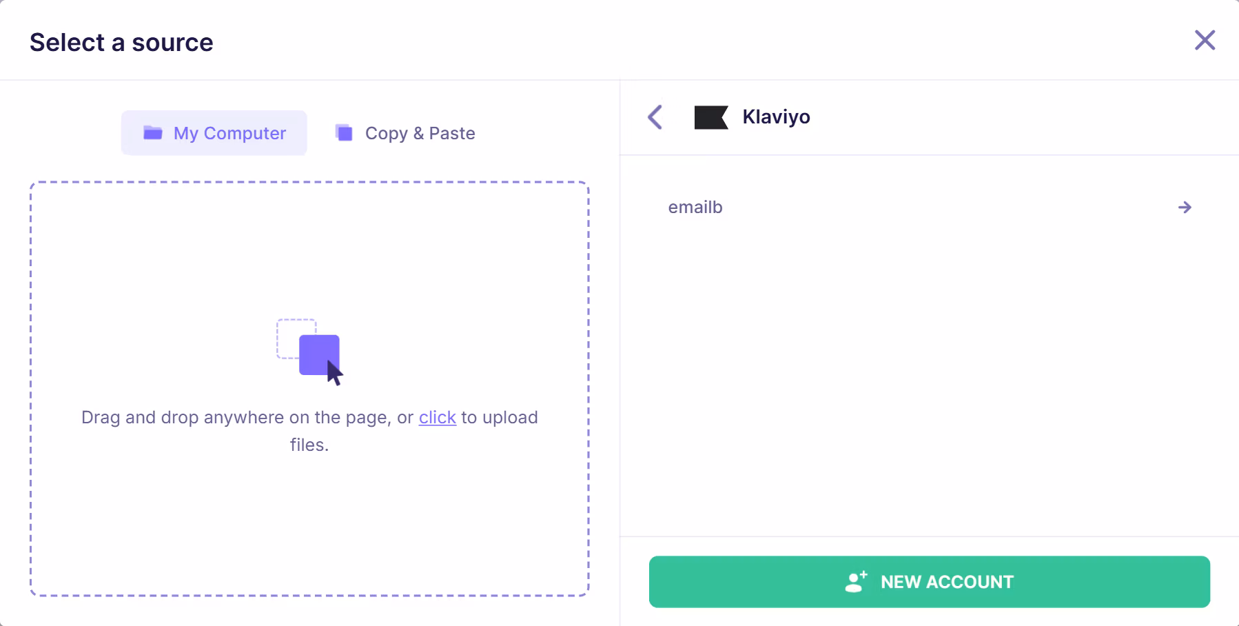 Emailable integration interface showing a connected Klaviyo account labeled “emailb” with an option to add a new account.