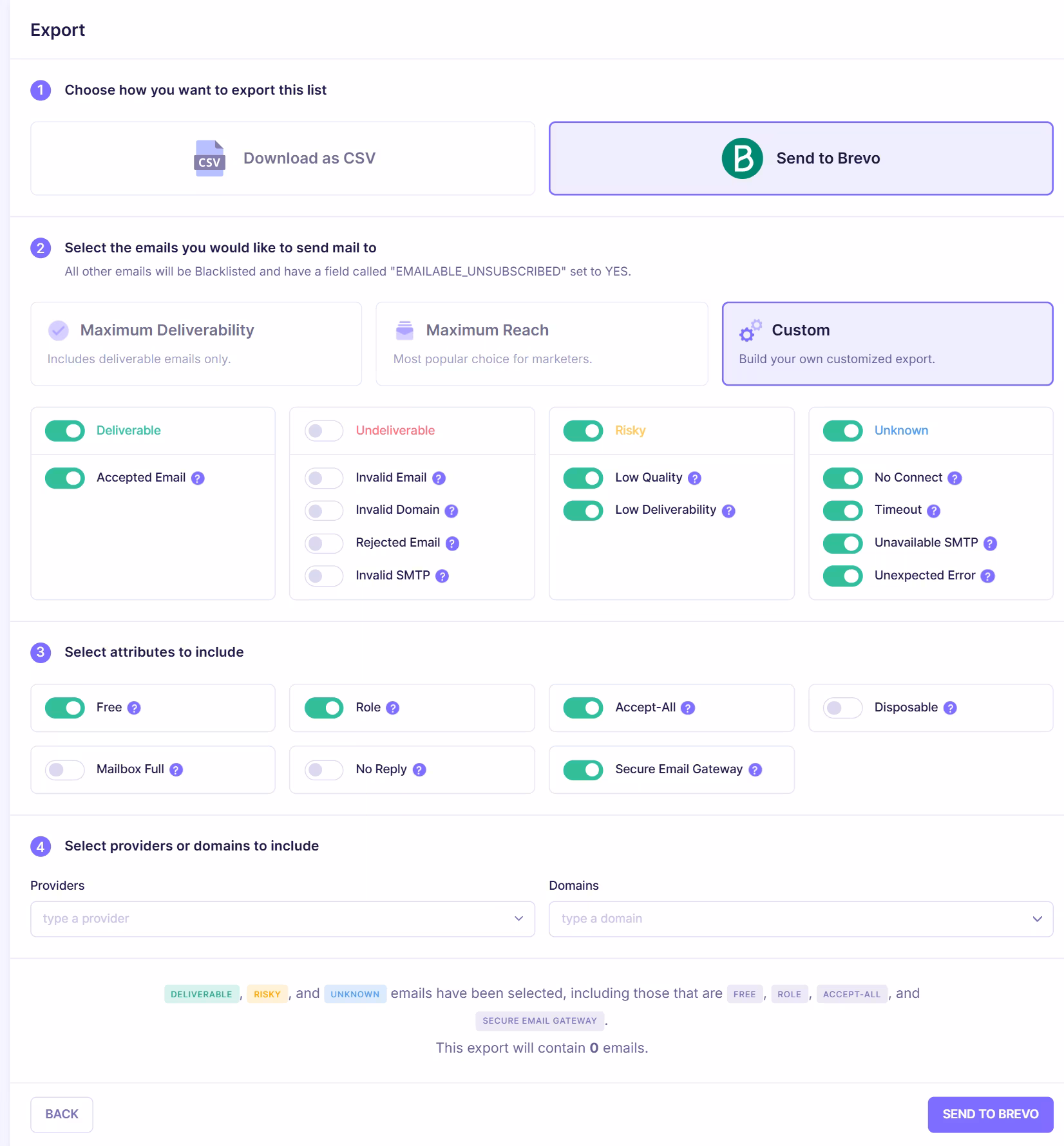 Email export configuration screen showing option to send validated emails to Brevo or download as CSV, with filters for deliverable, risky, and unknown email categories.
