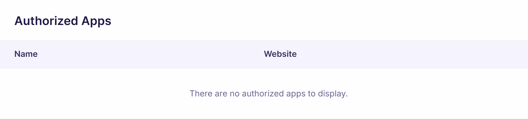 Emailable authorized apps page showing empty list with message indicating no authorized applications connected to the account.