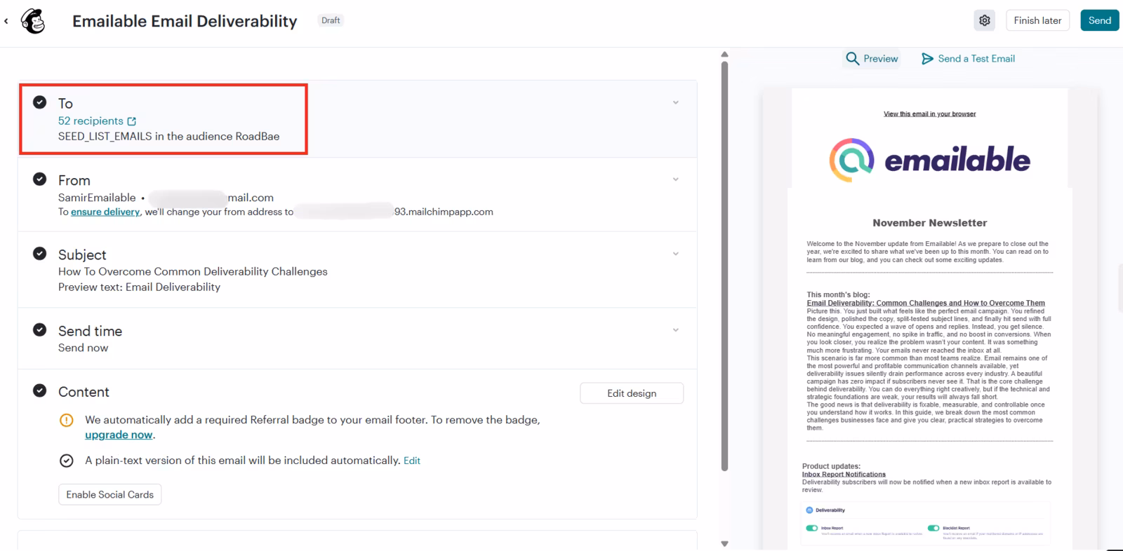Mailchimp email campaign setup screen showing recipient list selection using seed list emails for deliverability testing, including subject, sender details, and email preview.