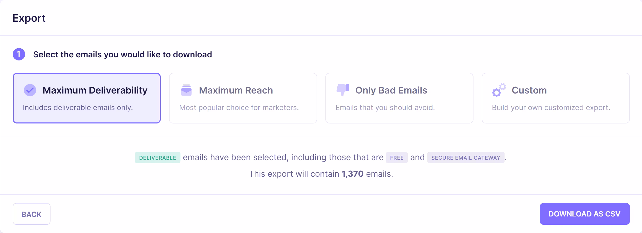Pre-built export options when exporting email verification results.