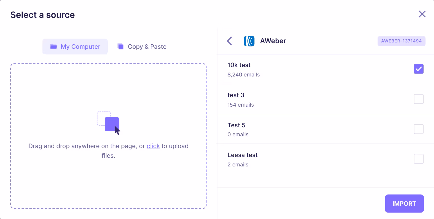 Email verification interface showing AWeber lists with names and email counts, allowing users to select a list for verification.
