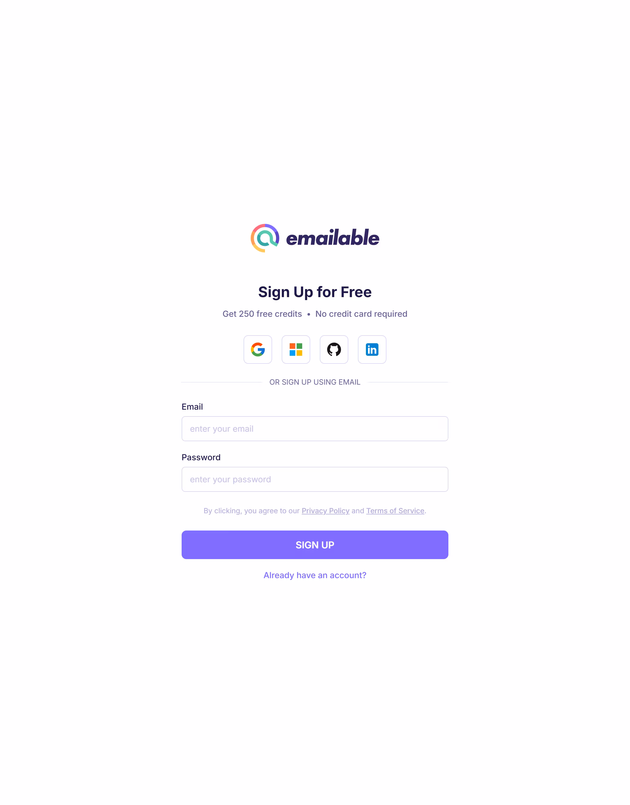 Emailable sign-up page showing options to create an account using Google, Microsoft, GitHub, LinkedIn, or email and password, with 250 free credits and no credit card required.