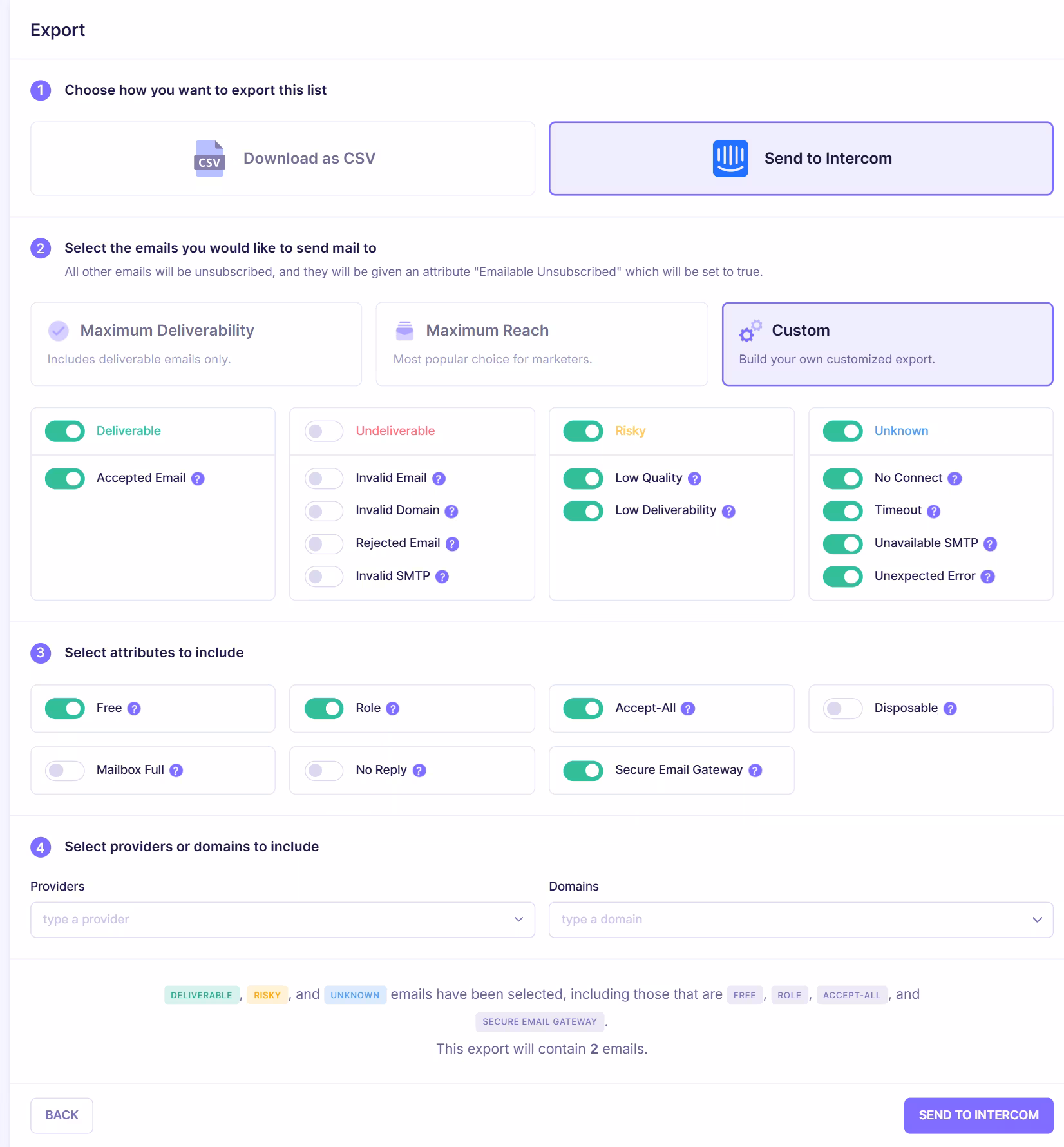 Export configuration screen allowing users to send verified email contacts back to Intercom with filtering options, attributes selection, and final export confirmation.