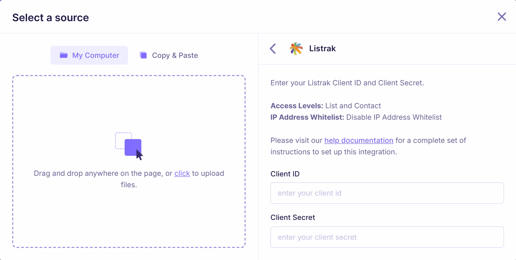Listrak client ID & secret ID screen from Emailable