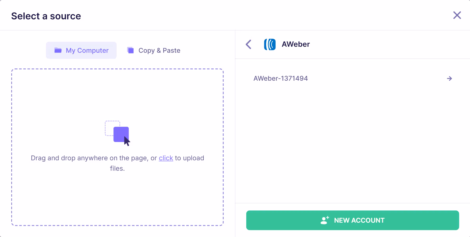 Emailable integration dashboard displaying a connected AWeber account with account ID and option to add a new account for email verification.