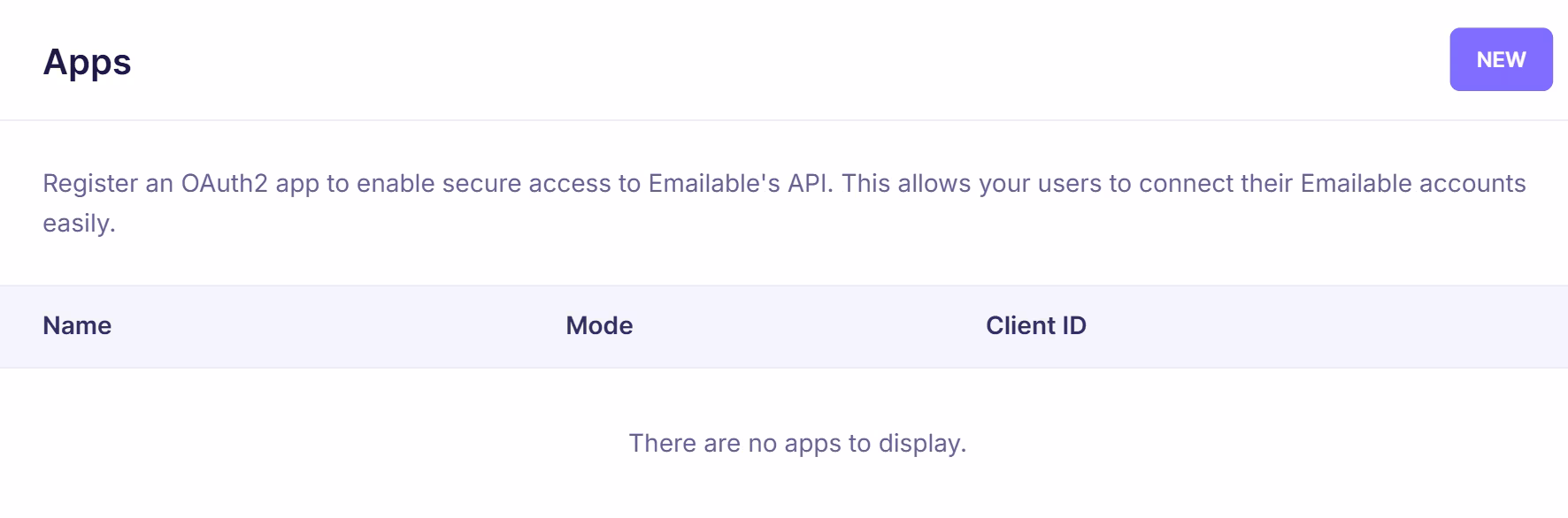 Emailable developer apps dashboard showing empty state with message indicating no apps available and option to create a new OAuth2 application.