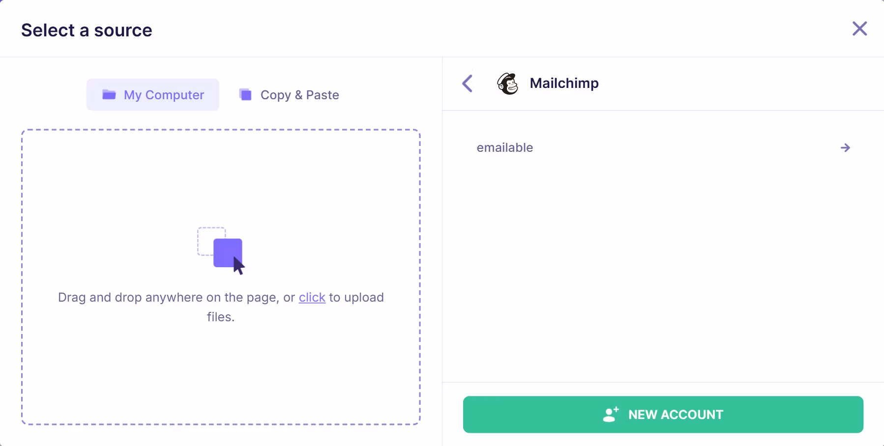 Emailable interface showing a connected Mailchimp account named “emailable” with an option to add a new account.
