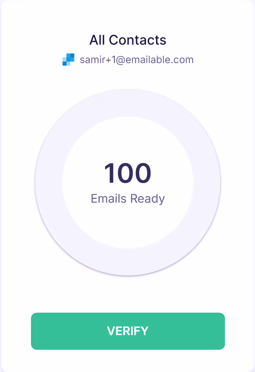 Verification screen showing selected SendGrid contact list with 100 emails ready and a “Verify” button to start email validation.