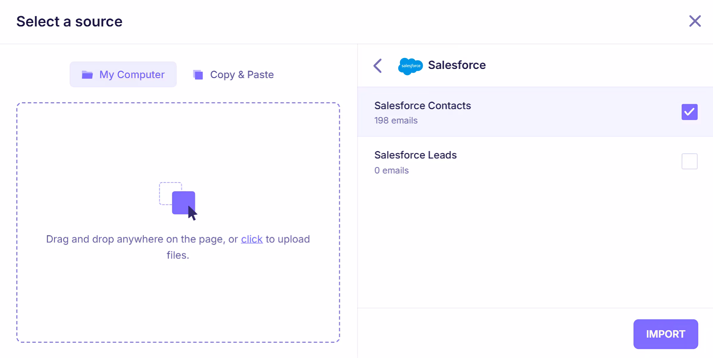Salesforce integration panel showing a connected workspace labeled “Email Able” with option to add a new account in the email verification platform.