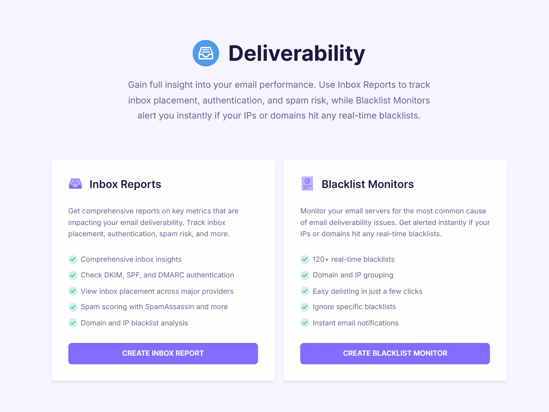 Emailable deliverability dashboard showing options to create an Inbox Report or Blacklist Monitor