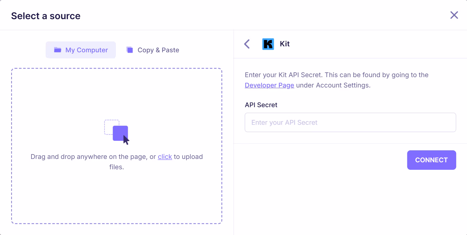Kit integration setup screen prompting user to enter API secret key from developer settings to connect account to email verification tool.