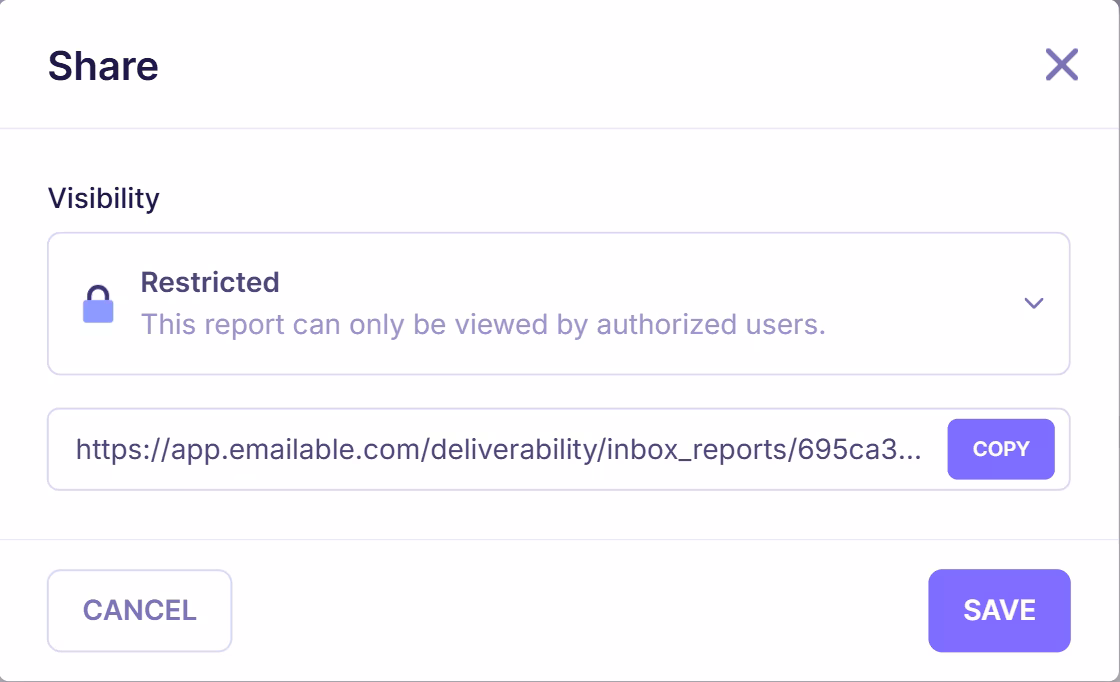 Emailable share settings modal showing restricted access option with a private shareable inbox report link and copy button for controlled access.