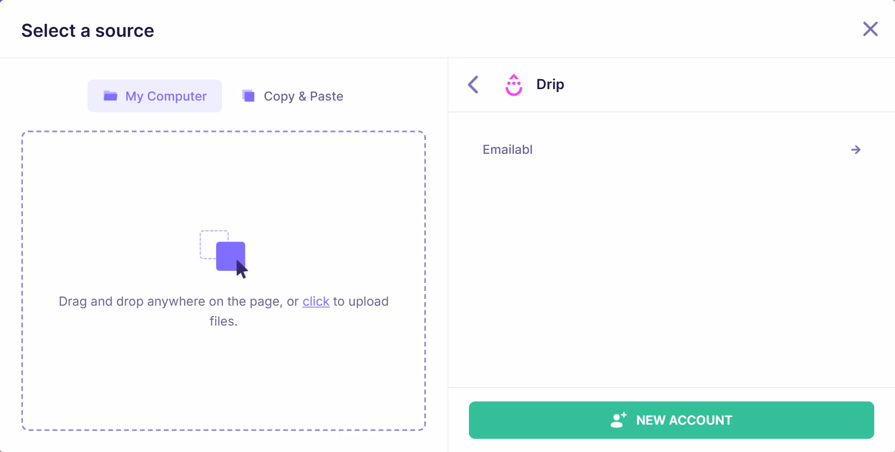 Drip integration panel showing a connected account with option to add a new Drip account in the email verification platform.