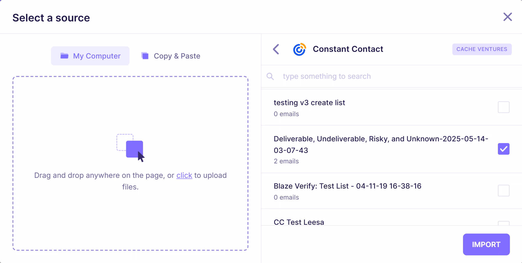 Email verification interface showing Constant Contact lists, including multiple list names with email counts and selection checkboxes for import.