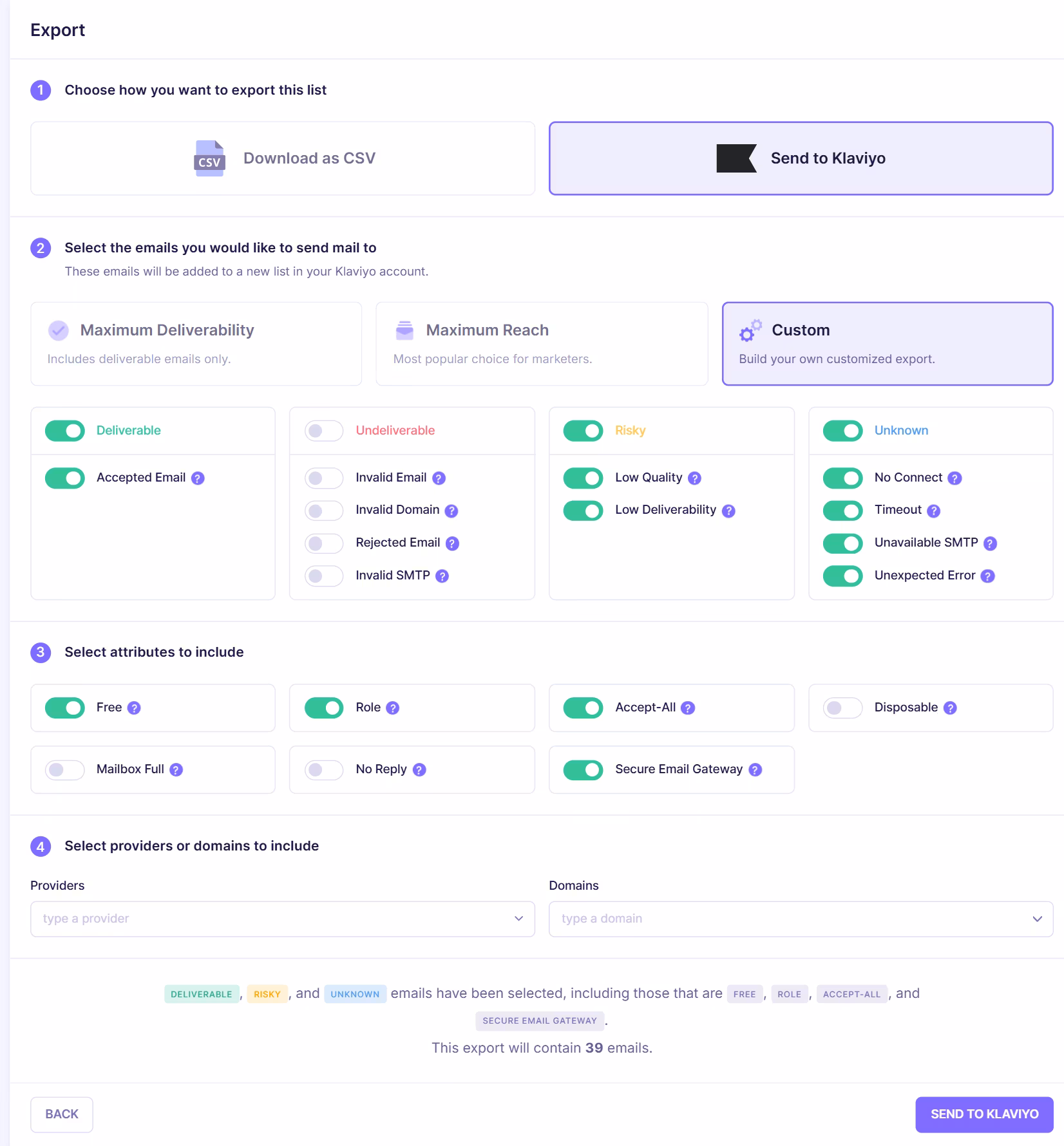 Email export configuration screen showing option to send verified emails to Klaviyo or download as CSV with filters for deliverable, risky, and unknown email categories.