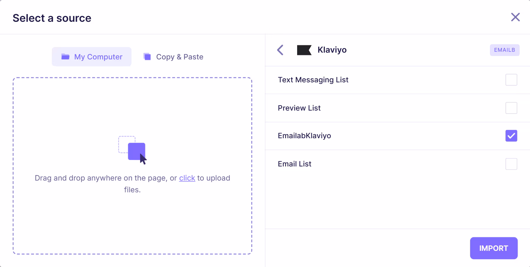 Email verification dashboard displaying Klaviyo lists such as Text Messaging List, Preview List, and EmailabKlaviyo with selection checkboxes for import.